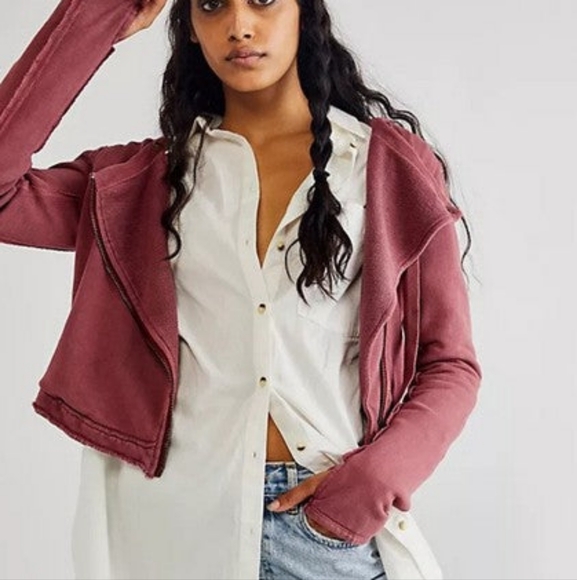 Free People "You Asked For It" Cropped Moto Style Hooded Sweatshirt. Size Medium - Picture 12 of 15